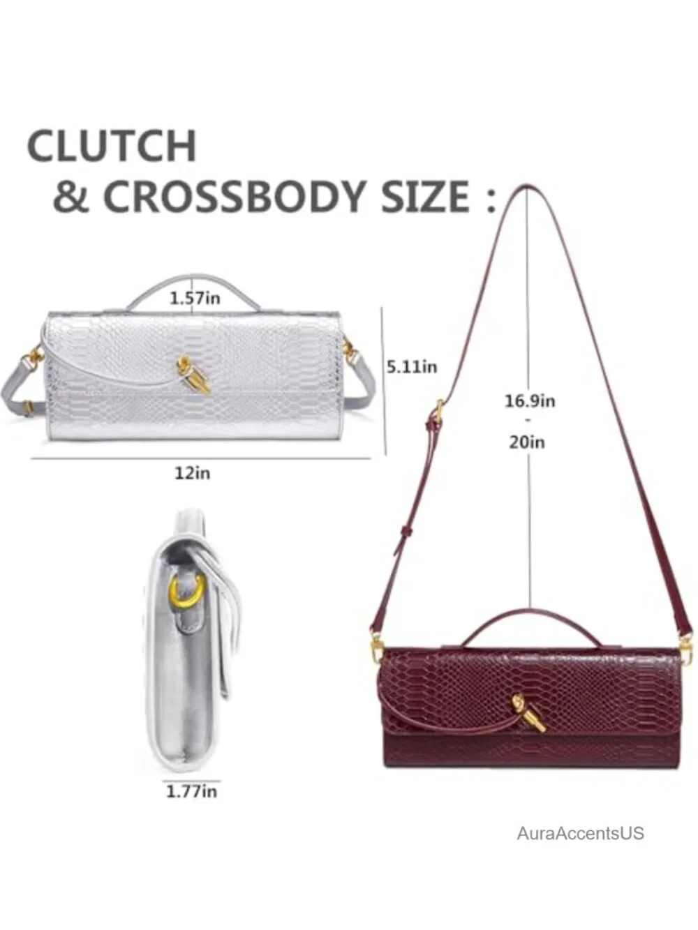 Vegan PU Leather Evening Clutch with Detachable Strap, 3-in-1 Convertible